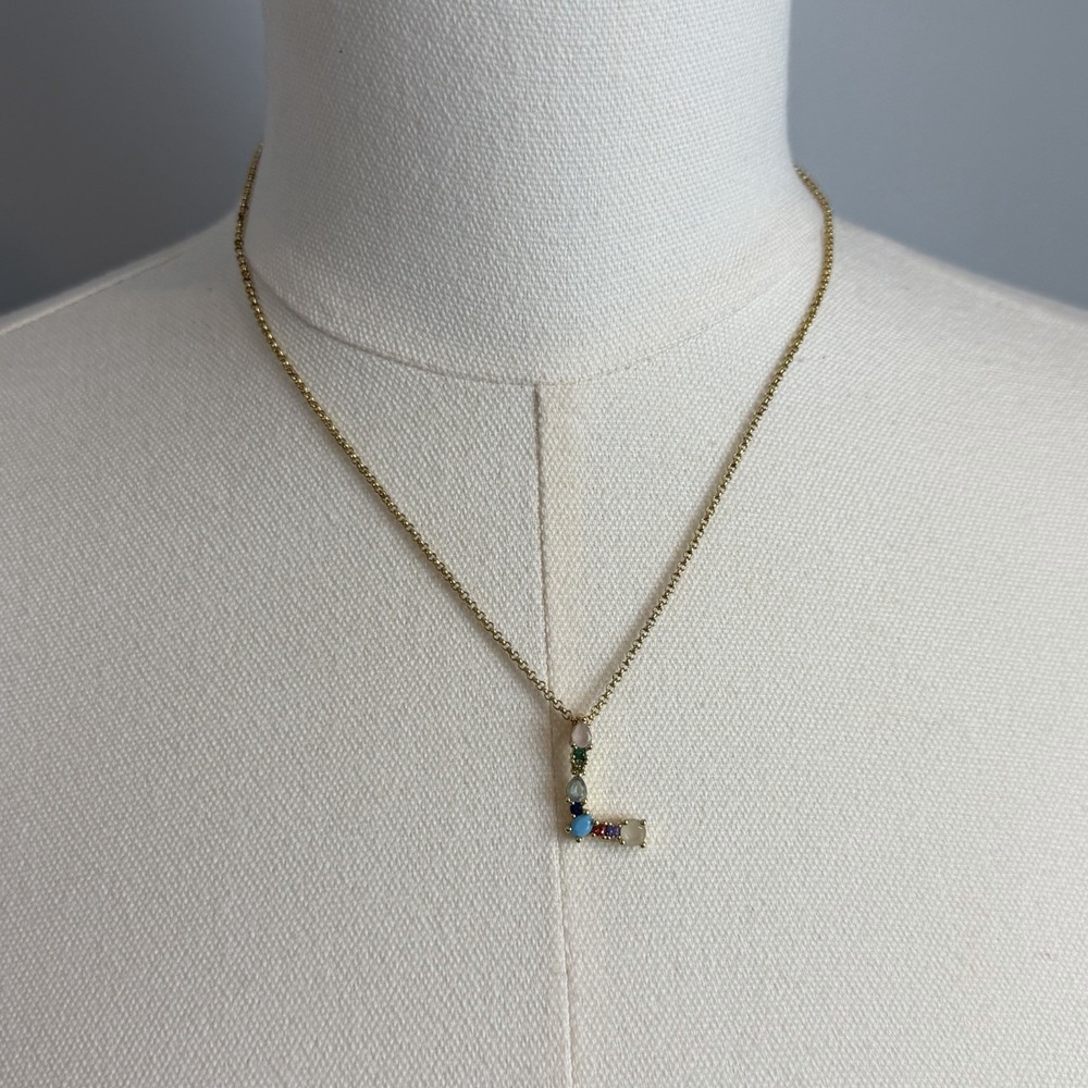 Initial L Necklace Gold Tone Multicolor Stone Pendant Dainty Personalized 18"